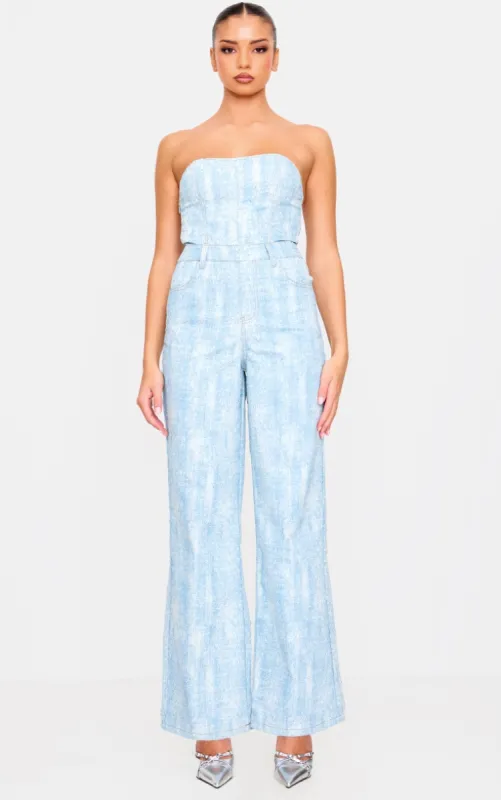 Blue Studded Diamante Denim Bandeau Wide Leg Jumpsuit sold by Pretty Little Thing