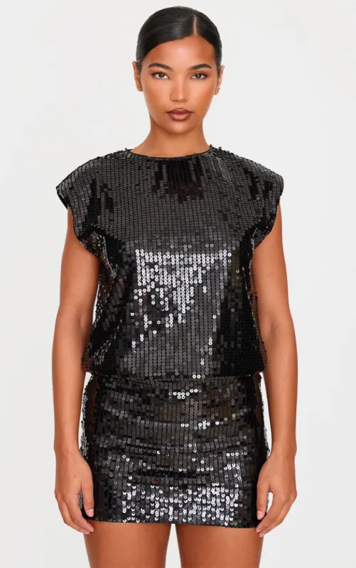 Black Sequin Shoulder Pad Sleeveless Bodycon Dress sold by Pretty Little Thing