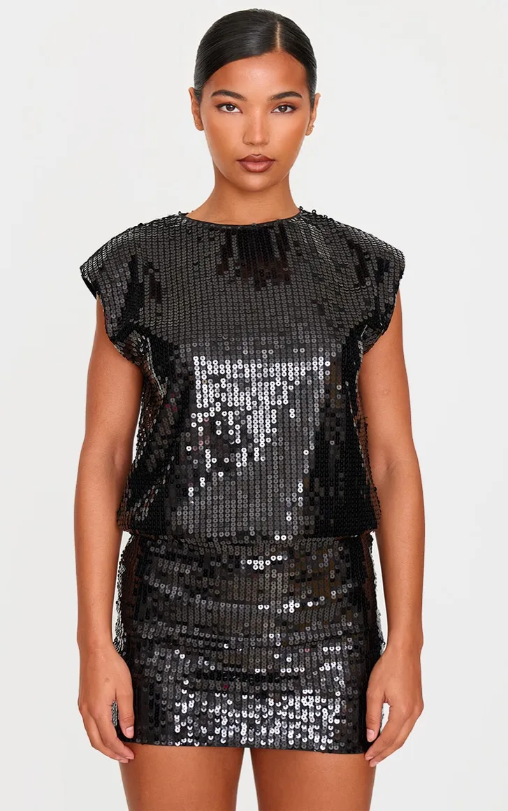 Black Sequin Shoulder Pad Sleeveless Bodycon Dress sold by Pretty Little Thing