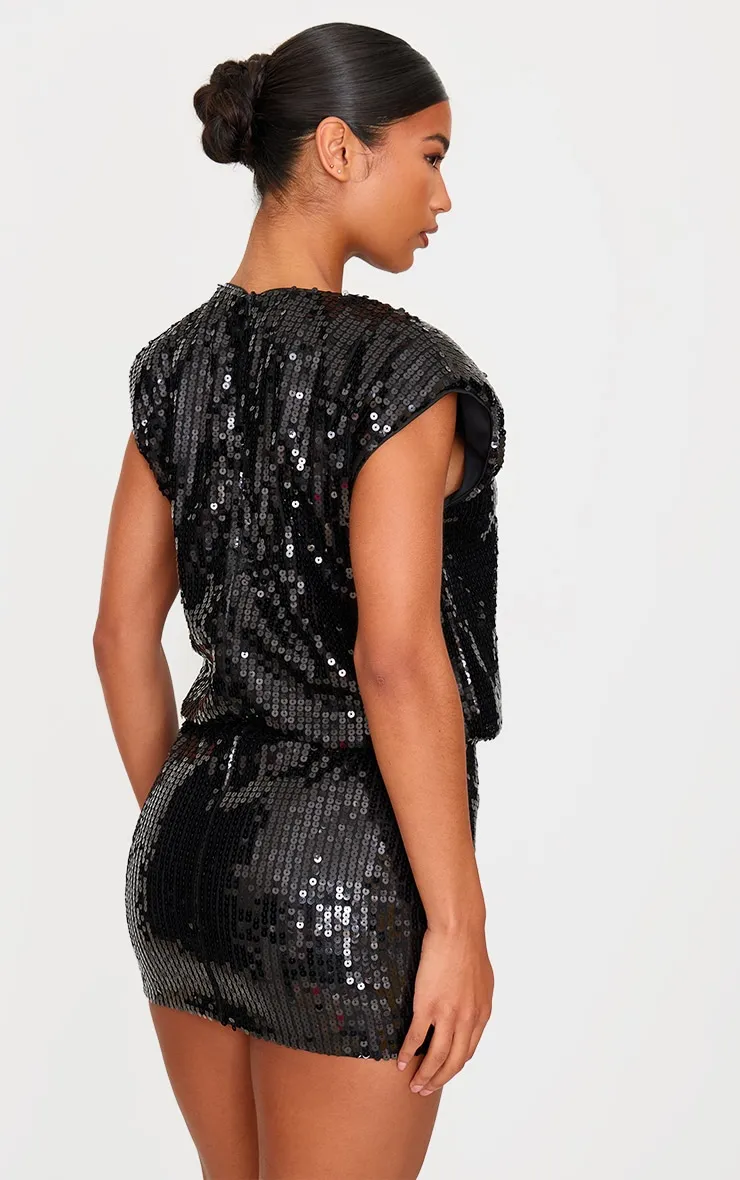 Black Sequin Shoulder Pad Sleeveless Bodycon Dress sold by Pretty Little Thing product image thumbnail 2