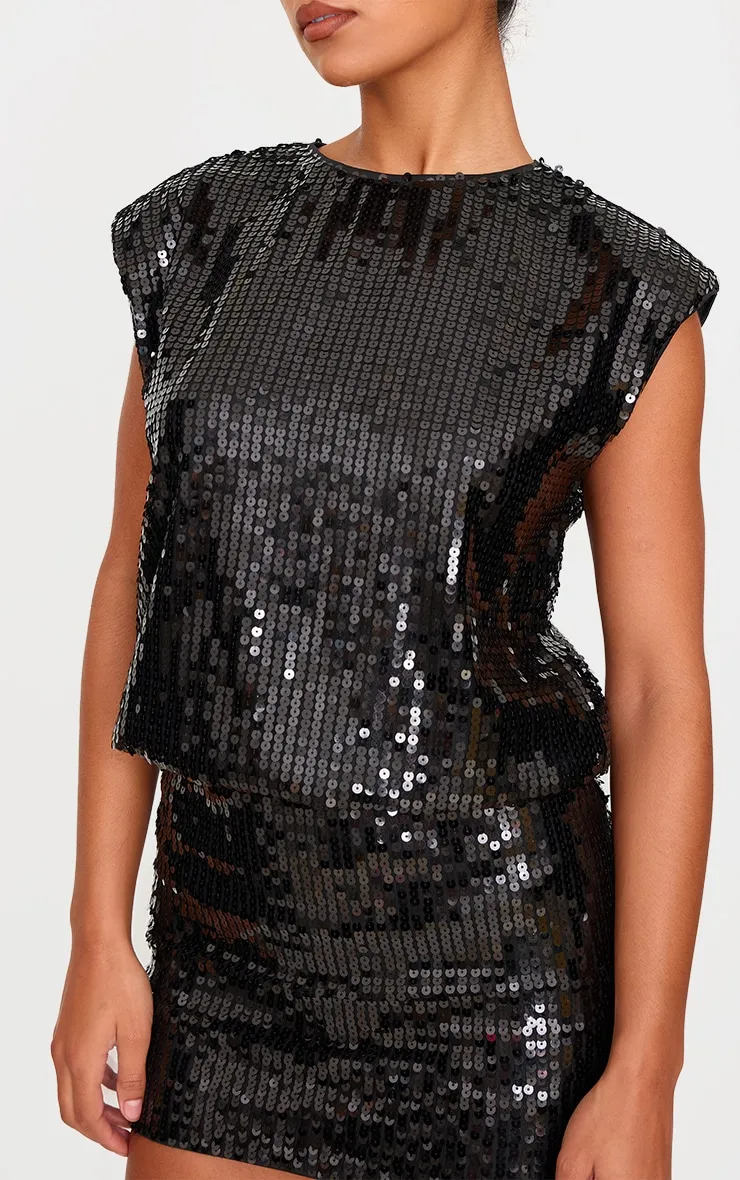 Black Sequin Shoulder Pad Sleeveless Bodycon Dress sold by Pretty Little Thing product image thumbnail 4