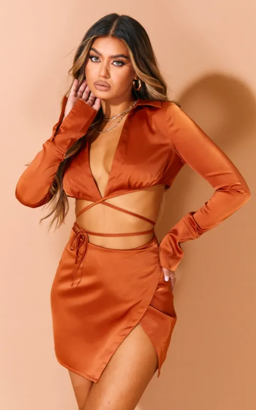Burnt Orange Satin Tie Wrap Crop Top sold by Pretty Little Thing