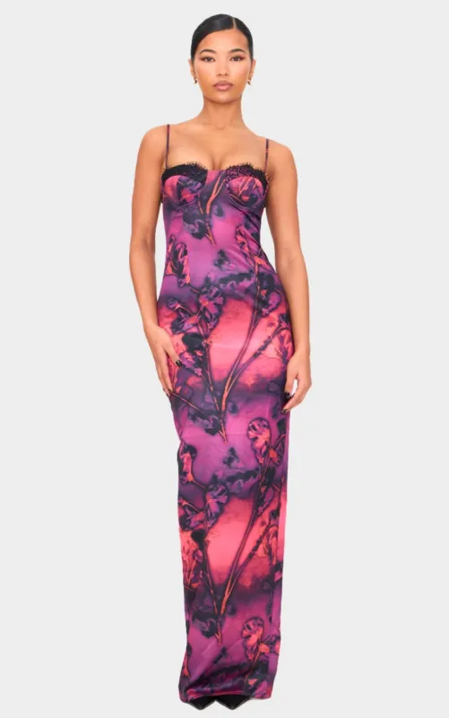 Purple Abstract Satin Print Lace Trim Maxi Dress made by Pretty Little Thing