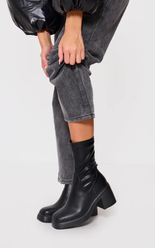 Black PU Round Toe Low Block Heeled Sock Boots sold by Pretty Little Thing