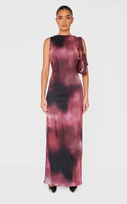 Pink Abstract Mesh Printed Racer Neck Maxi Dress sold by Pretty Little Thing