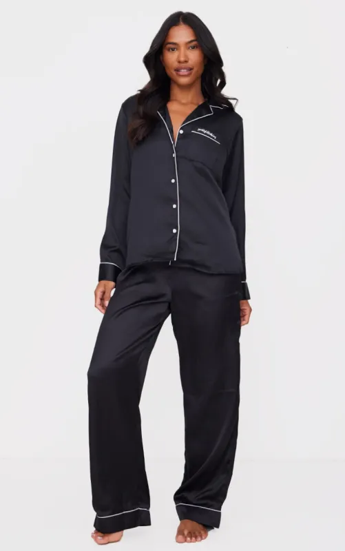 PRETTYLITTLETHING Black Contrast Piping Satin Long PJ Set sold by Pretty Little Thing