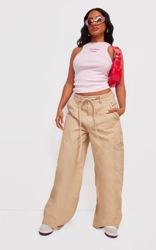 Taupe Tie Waistband Detail Wide Leg Jeans made by Pretty Little Thing
