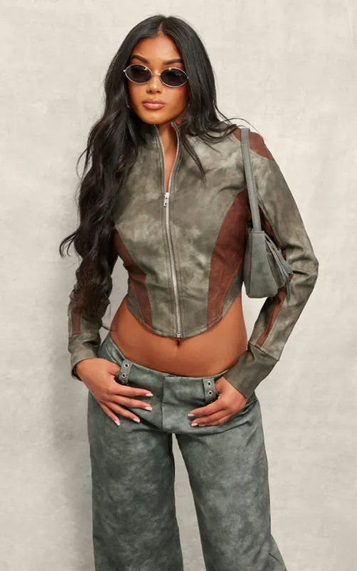 Grey Dip Front Panelled Faux Leather Biker Jacket sold by Pretty Little Thing
