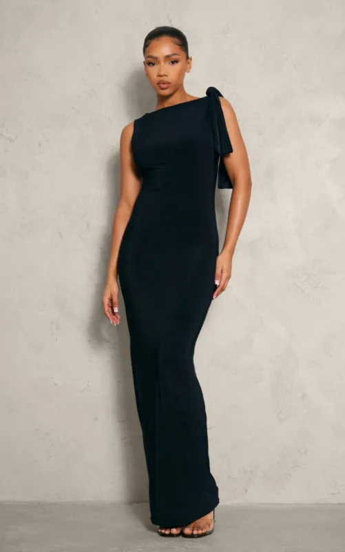 Black Slinky Knot Drape Midaxi Dress sold by Pretty Little Thing