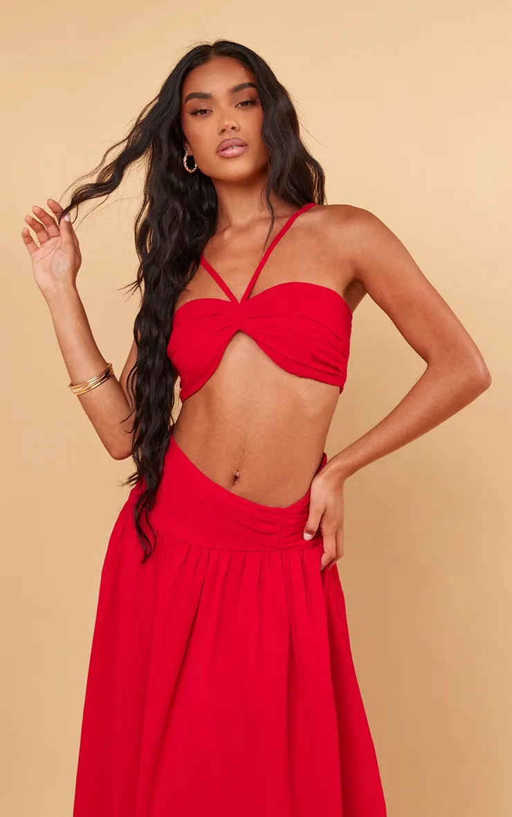 Red Ruched Front Halterneck Bralette sold by Pretty Little Thing