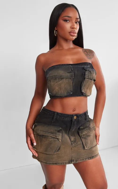 Shape Brown Washed Denim Pocket Detail Bandeau Crop Top sold by Pretty Little Thing