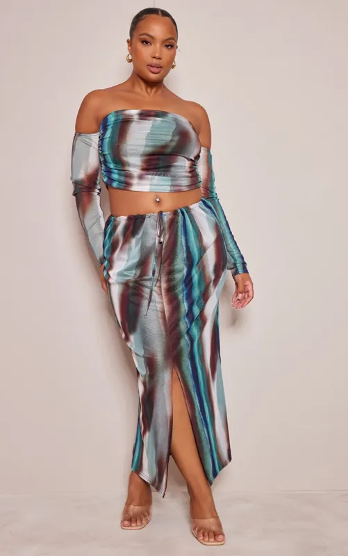 Plus Green Abstract Printed Ruched Maxi Skirt sold by Pretty Little Thing