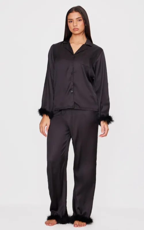 Black Feather Trim Satin Long Pyjama Set sold by Pretty Little Thing