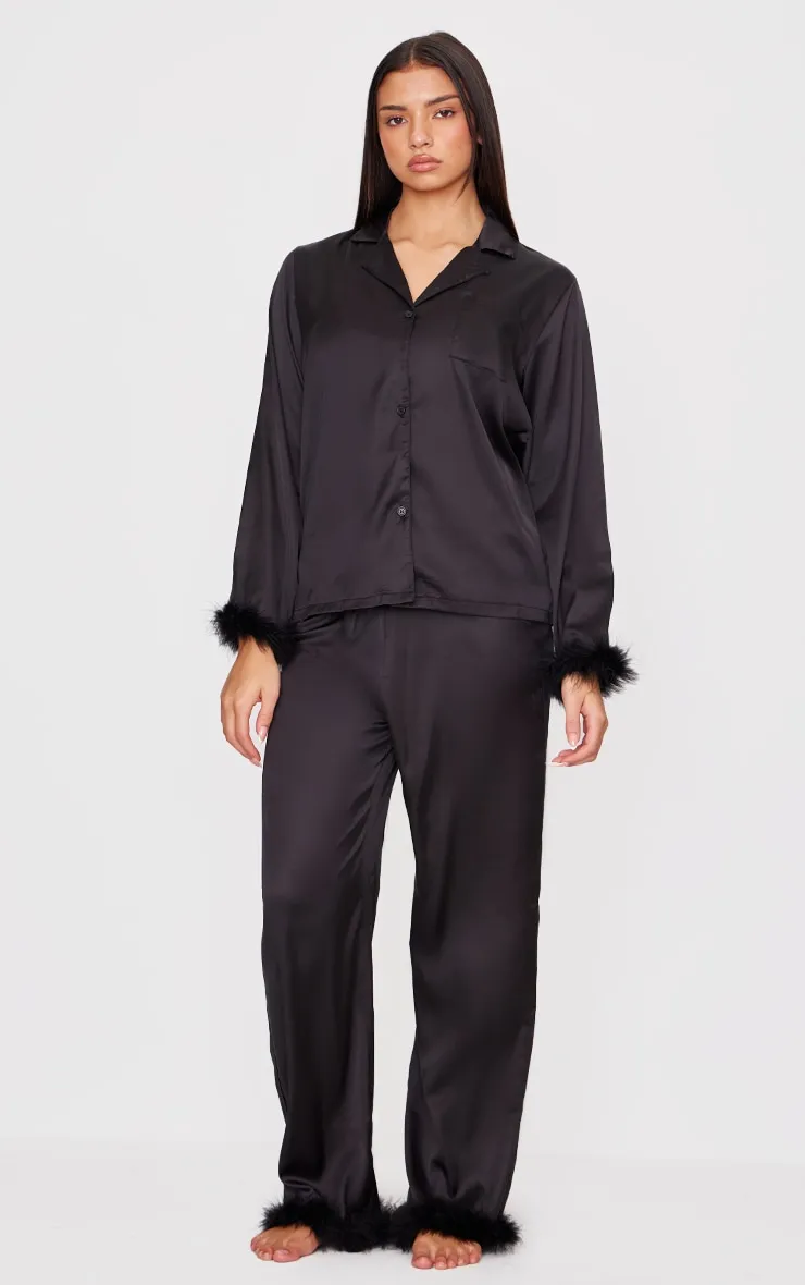 Black Feather Trim Satin Long Pyjama Set sold by Pretty Little Thing