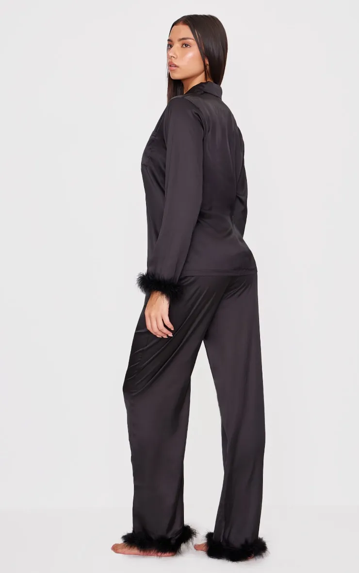 Black Feather Trim Satin Long Pyjama Set sold by Pretty Little Thing product image thumbnail 2
