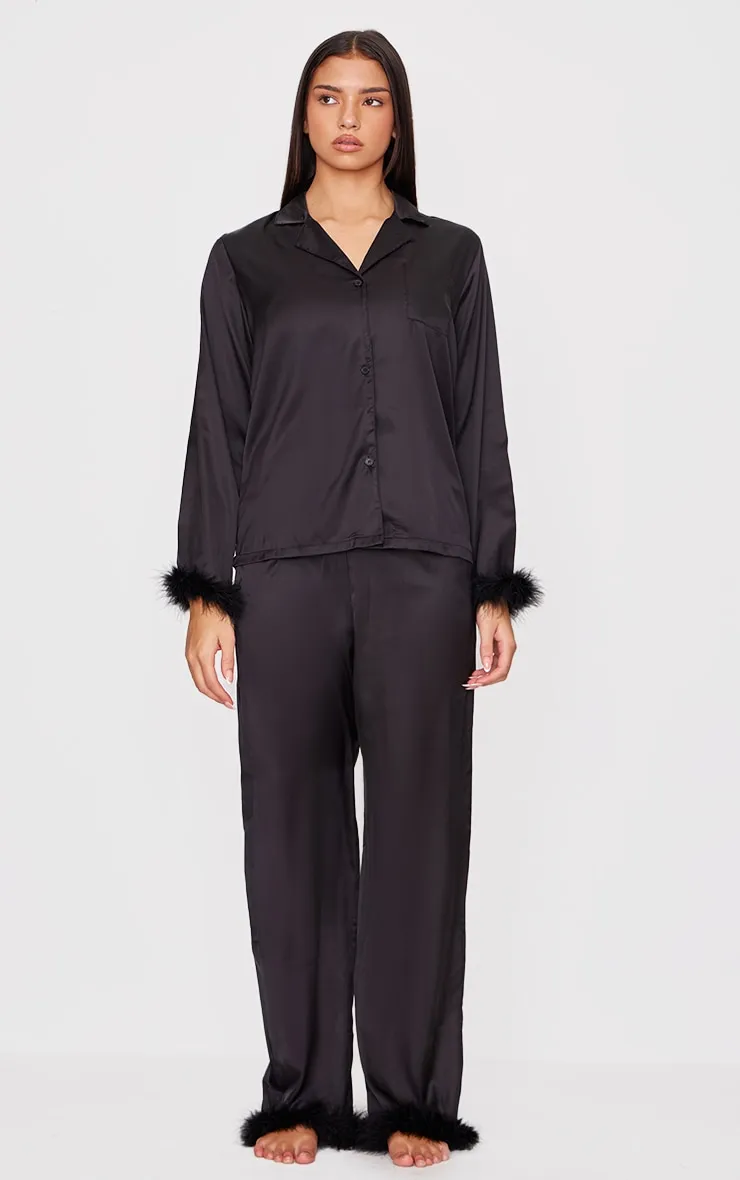 Black Feather Trim Satin Long Pyjama Set sold by Pretty Little Thing product image thumbnail 3