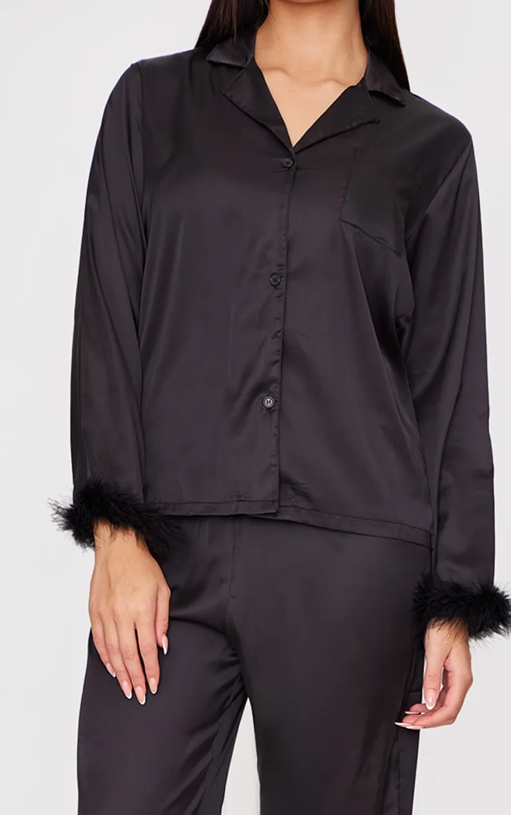 Black Feather Trim Satin Long Pyjama Set sold by Pretty Little Thing product image thumbnail 4