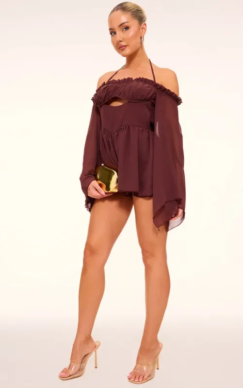 Chocolate Chiffon Underwire Bardot Floaty Playsuit sold by Pretty Little Thing