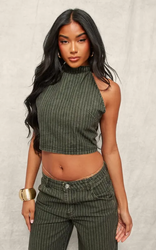 Green Tint Vintage Pinstripe Halterneck Denim Top sold by Pretty Little Thing