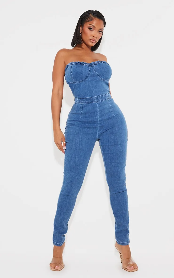 Shape Mid Blue Wash Cup Detail Tie Back Denim Jumpsuit sold by Pretty Little Thing