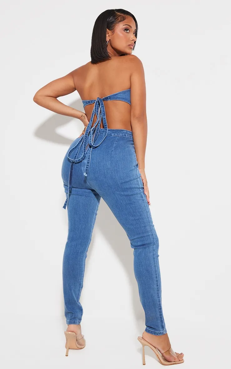 Shape Mid Blue Wash Cup Detail Tie Back Denim Jumpsuit sold by Pretty Little Thing product image thumbnail 2