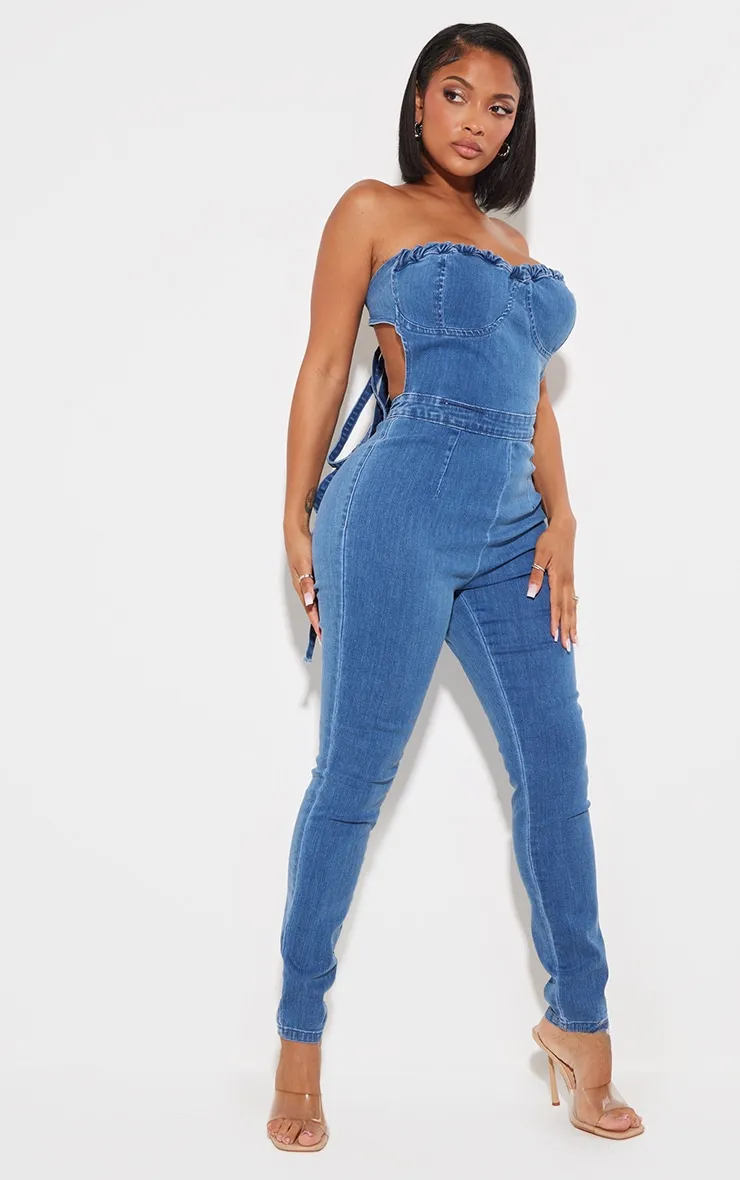 Shape Mid Blue Wash Cup Detail Tie Back Denim Jumpsuit sold by Pretty Little Thing product image thumbnail 3