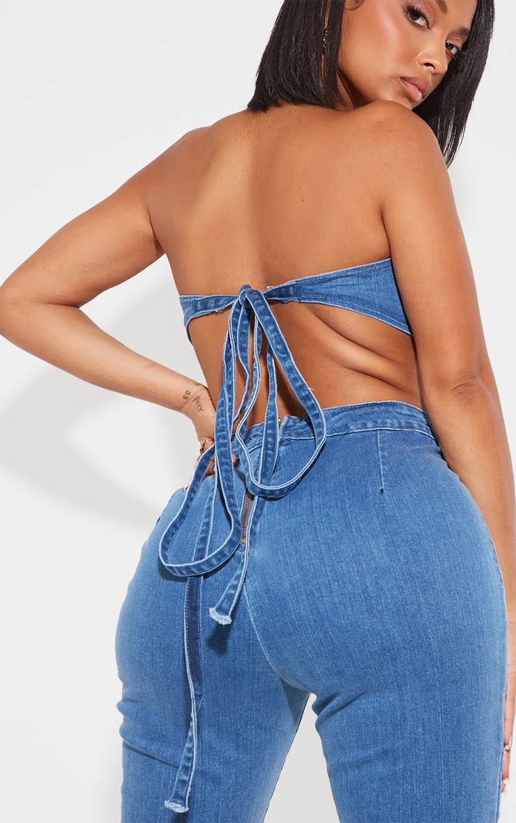 Shape Mid Blue Wash Cup Detail Tie Back Denim Jumpsuit sold by Pretty Little Thing product image thumbnail 4