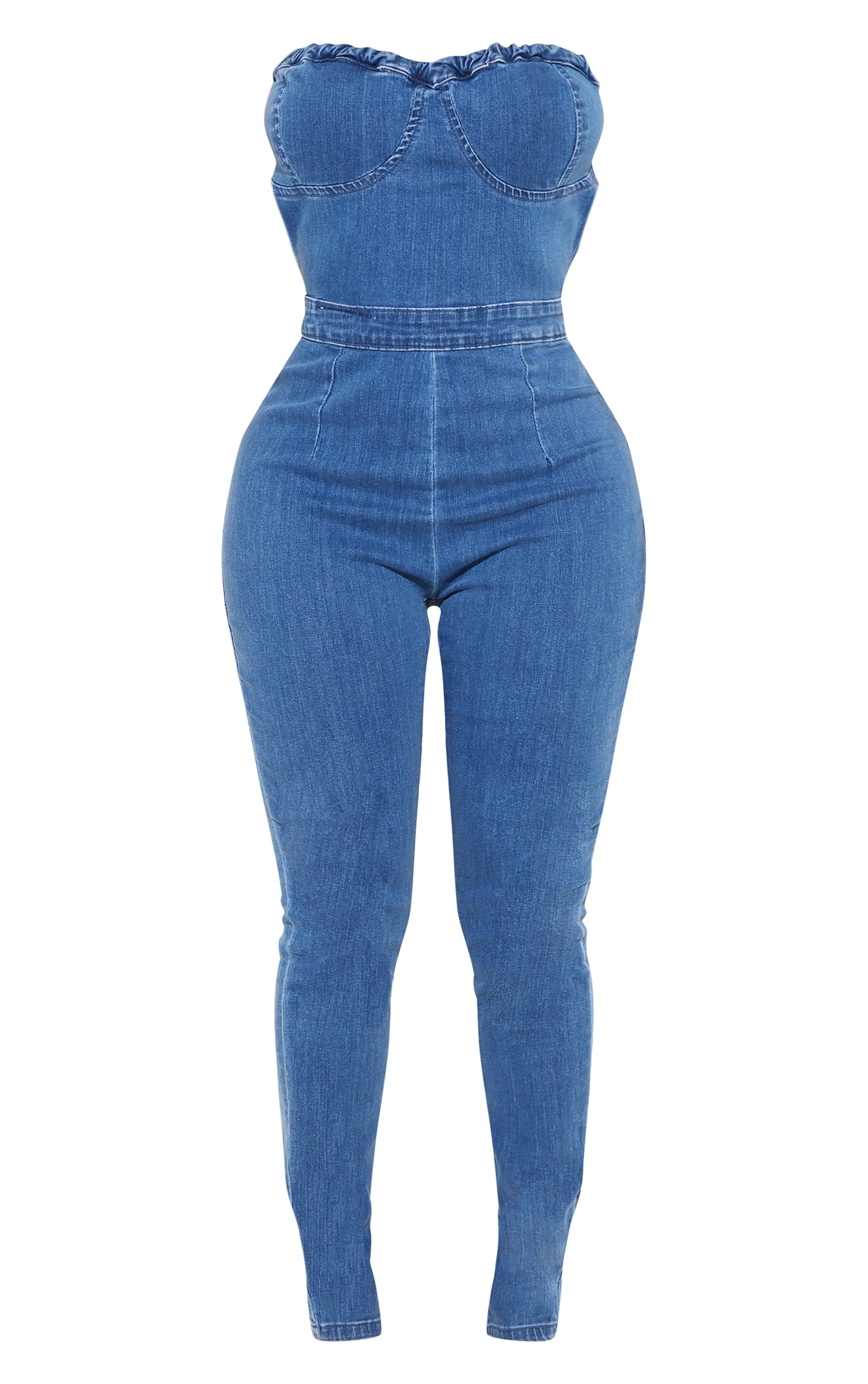 Shape Mid Blue Wash Cup Detail Tie Back Denim Jumpsuit sold by Pretty Little Thing product image thumbnail 5