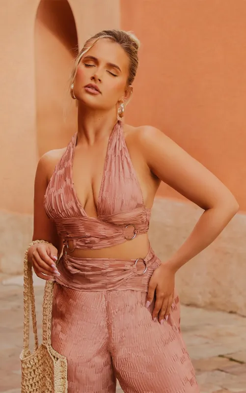 Mauve Plisse Ring Detail Wrap Around Crop Top sold by Pretty Little Thing