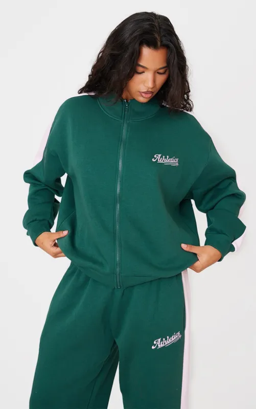 Dark Green Embroidered Athletics Contrast Panel Zip Through Sweatshirt sold by Pretty Little Thing