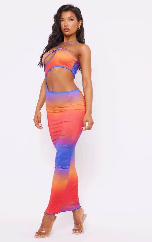 Multi Ombre Print Slinky Ring Detail Cut Out Maxi Dress sold by Pretty Little Thing