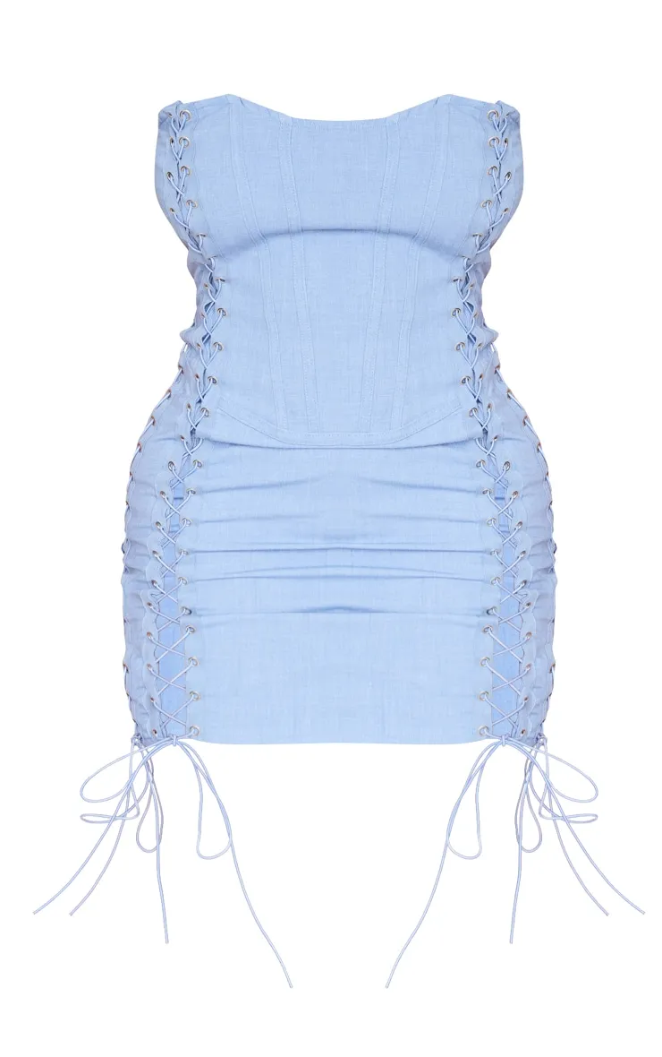 Shape Blue Woven Lace Up Detail Bandeau Mini Dress sold by Pretty Little Thing product image thumbnail 5