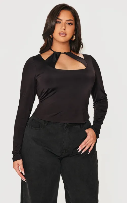 Plus Black Cut Out Long Sleeve Slinky Top made by Pretty Little Thing