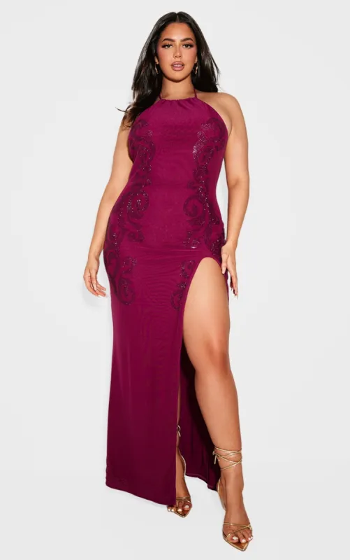 Plus Wine Lined Mesh Diamante Detail Split Maxi Dress sold by Pretty Little Thing