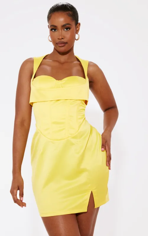 Shape Yellow Structured Satin Corset Detail Mini Dress sold by Pretty Little Thing