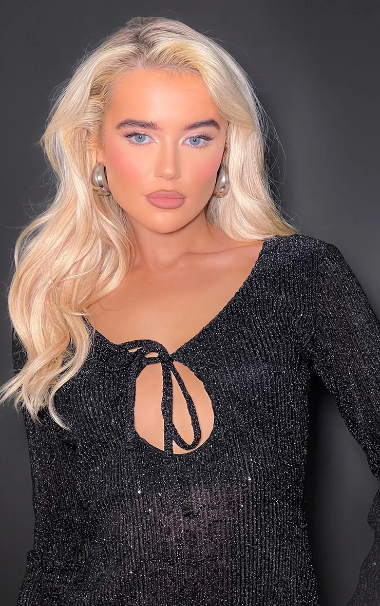 Black Sequin Plisse Long Sleeve Tie Detail Bodycon Dress sold by Pretty Little Thing product image thumbnail 4