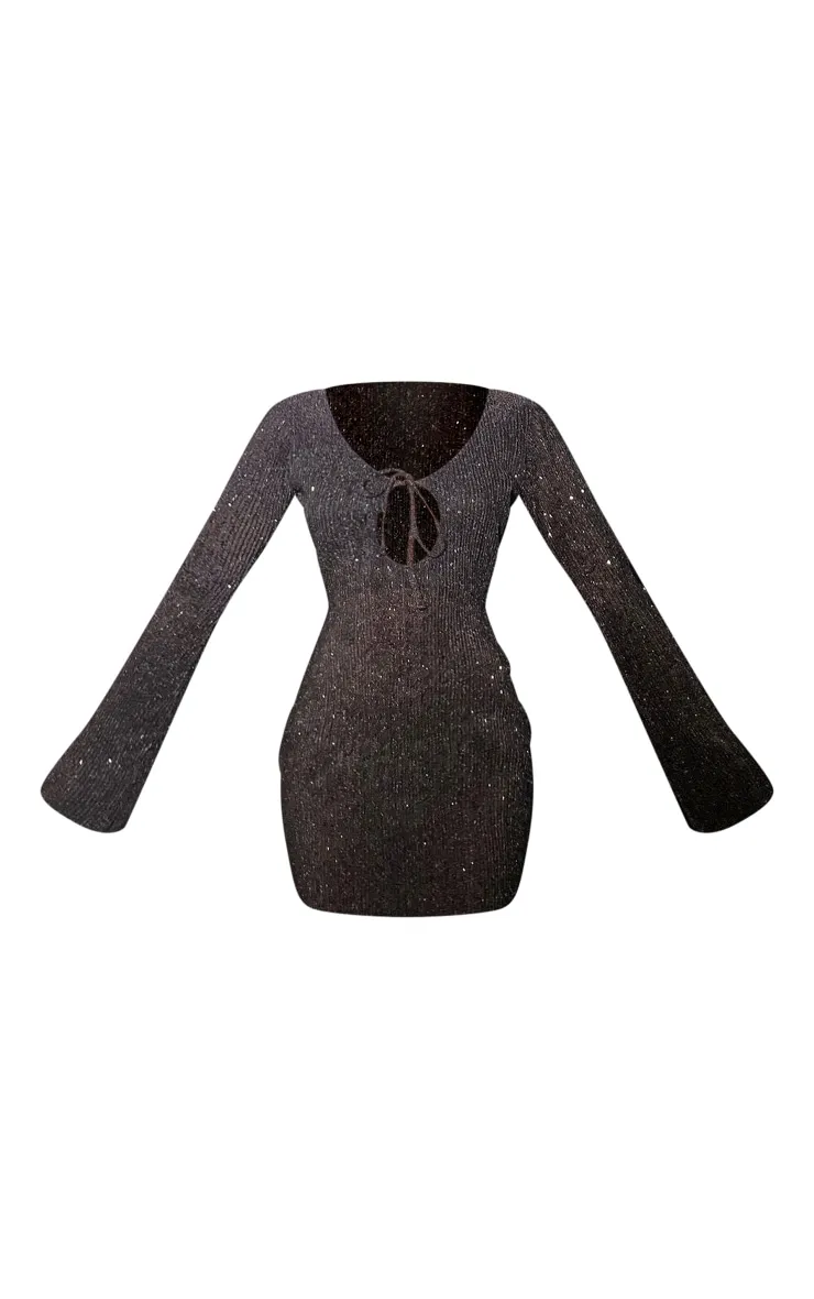 Black Sequin Plisse Long Sleeve Tie Detail Bodycon Dress sold by Pretty Little Thing product image thumbnail 5