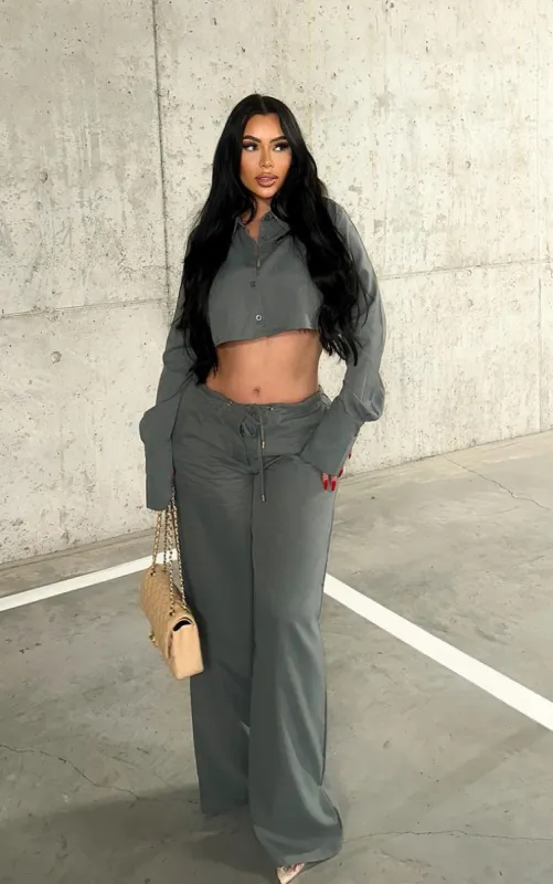 Slate Grey Oversized Drawstring Straight Leg Trousers sold by Pretty Little Thing