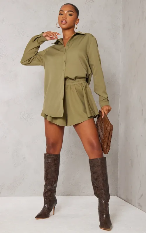 Khaki Woven Floaty Shorts sold by Pretty Little Thing