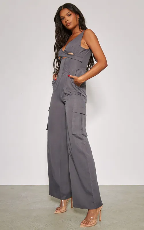 Charcoal Cross Chest Corset Detail Lightweight Cargo Jumpsuit sold by Pretty Little Thing