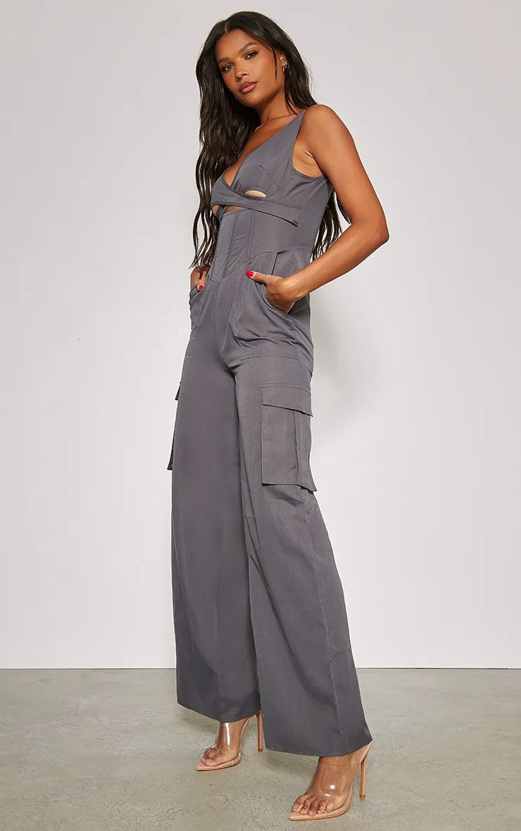 Charcoal Cross Chest Corset Detail Lightweight Cargo Jumpsuit sold by Pretty Little Thing