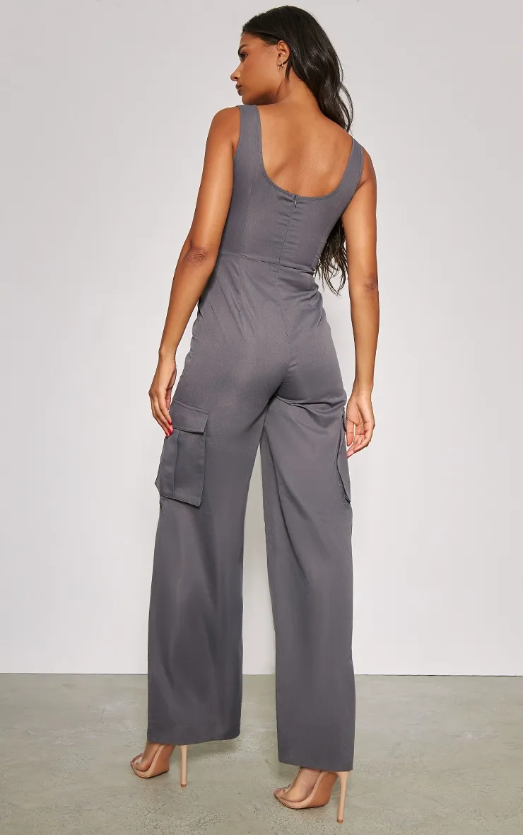 Charcoal Cross Chest Corset Detail Lightweight Cargo Jumpsuit sold by Pretty Little Thing product image thumbnail 2