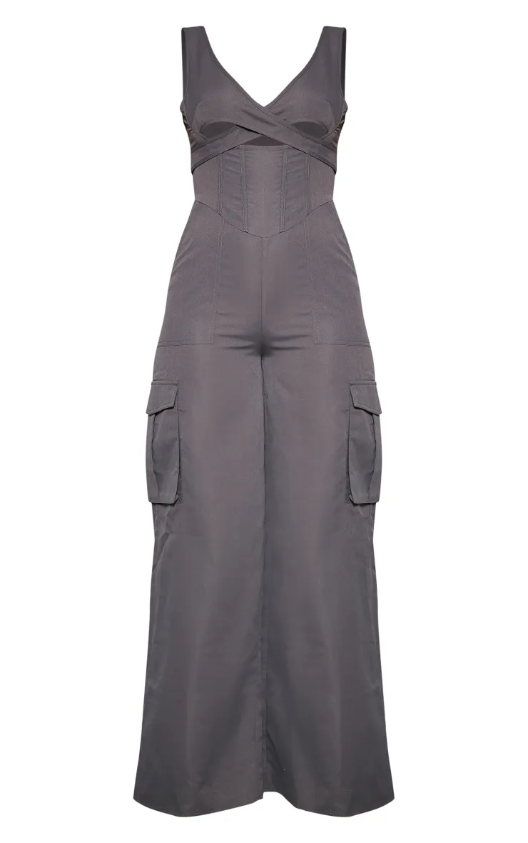 Charcoal Cross Chest Corset Detail Lightweight Cargo Jumpsuit sold by Pretty Little Thing product image thumbnail 4
