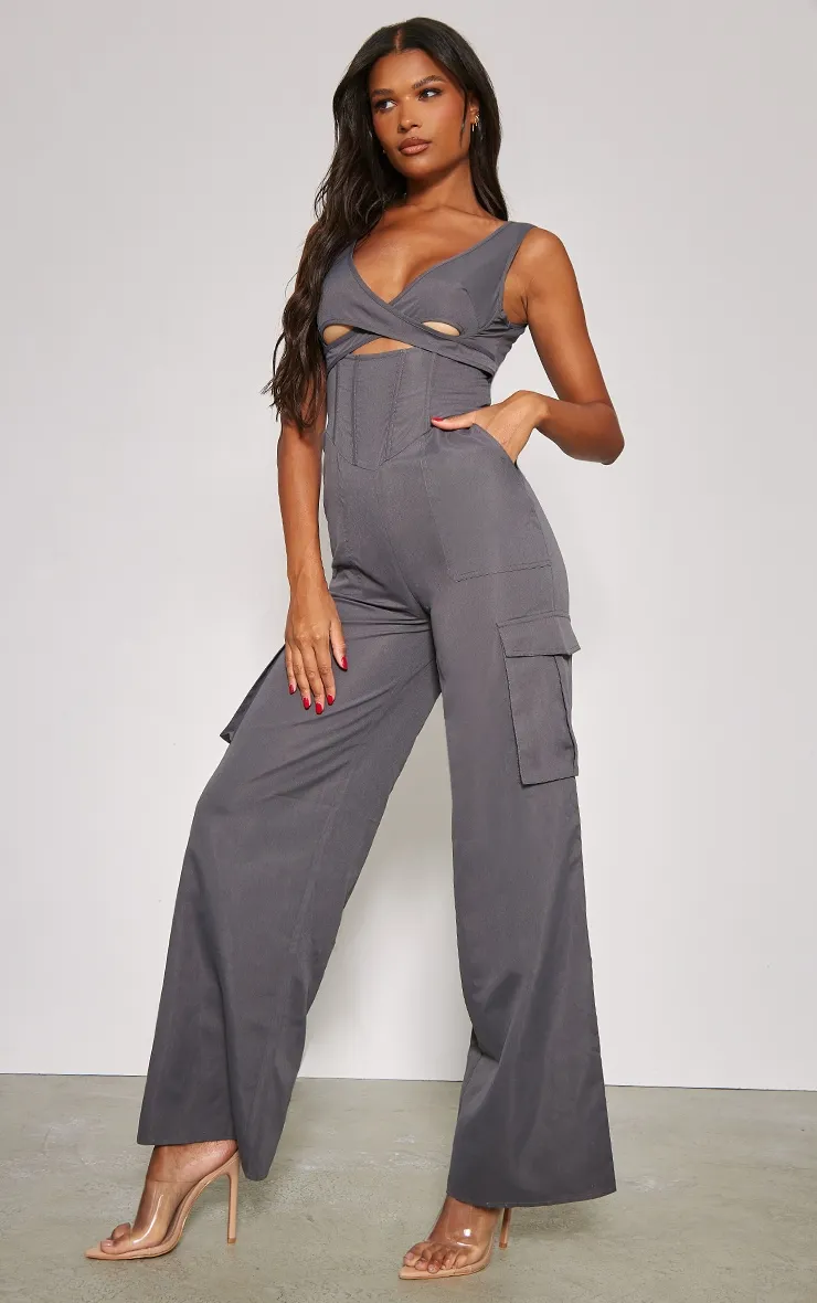 Charcoal Cross Chest Corset Detail Lightweight Cargo Jumpsuit sold by Pretty Little Thing product image thumbnail 5