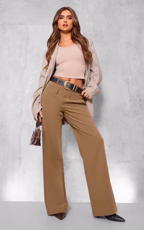 Taupe Tailored Woven Double Waistband Straight Leg Trousers sold by Pretty Little Thing