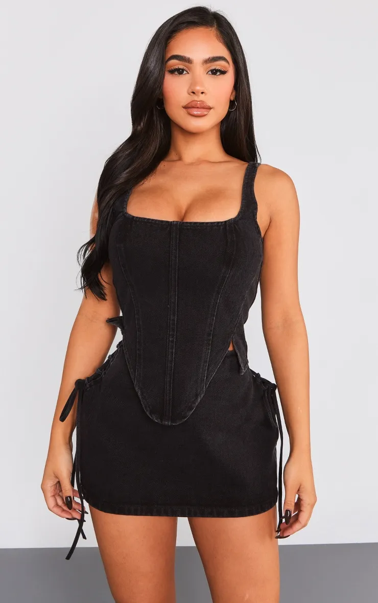 Petite Washed Black Denim Lace Up Mini Skirt sold by Pretty Little Thing product image thumbnail 4
