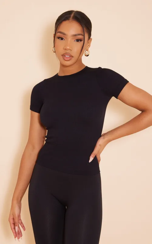 Black Contour Rib Longline T Shirt sold by Pretty Little Thing
