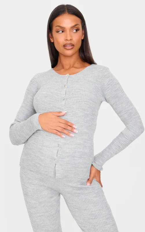 Maternity Grey Button Up Long Sleeve Rib Knit Top sold by Pretty Little Thing