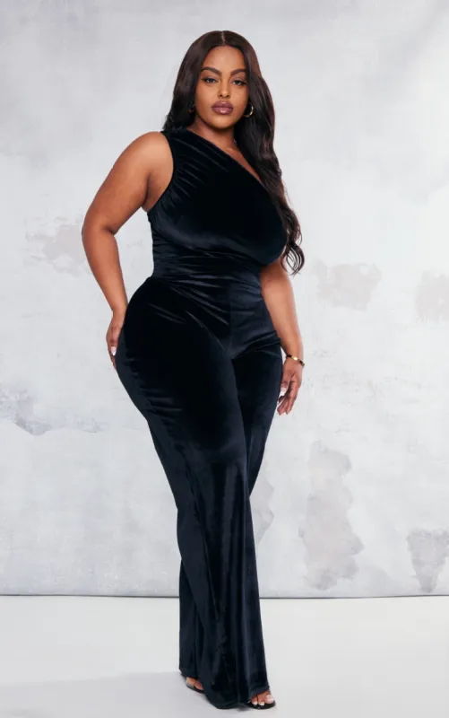 Plus Black Velvet One Shoulder Wide Leg Jumpsuit sold by Pretty Little Thing