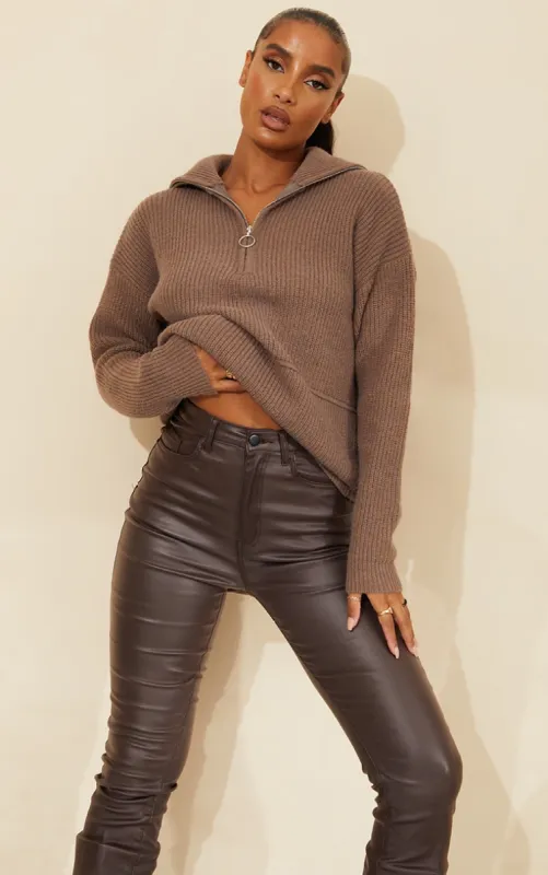 Chocolate Half Zip Up Knitted Jumper sold by Pretty Little Thing